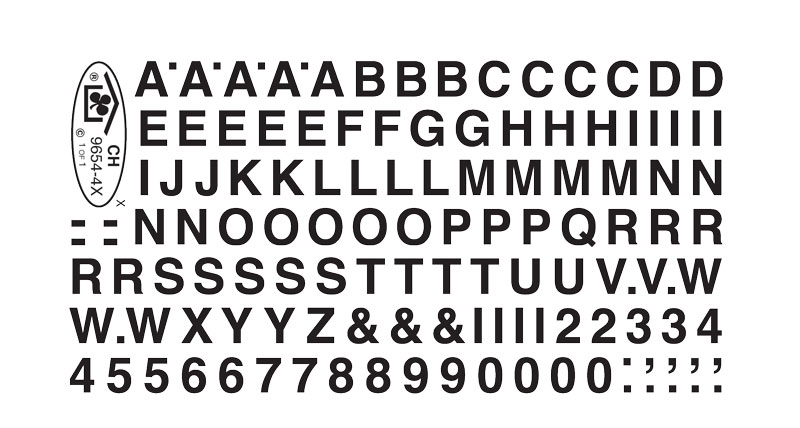 9654-41-DT-CH White Helvetica Bold 1/4" Alphabet
